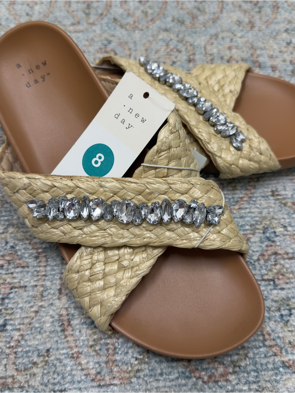 a new day Natural Woven Slide Sandals with Crystal Embellishment size 8 NWT